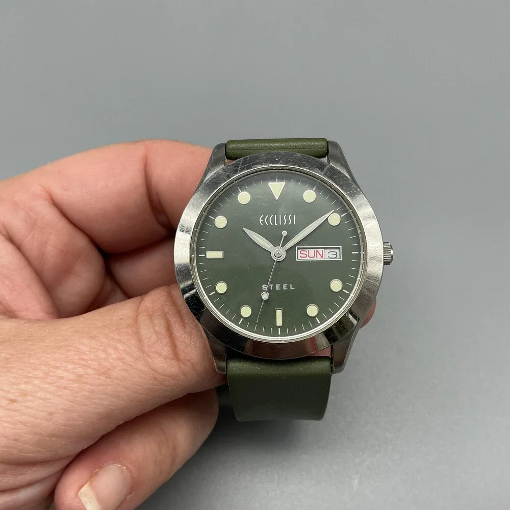 Ecclissi Women Watch 35mm Green Dial Silicone Day Date Stainless New Battery